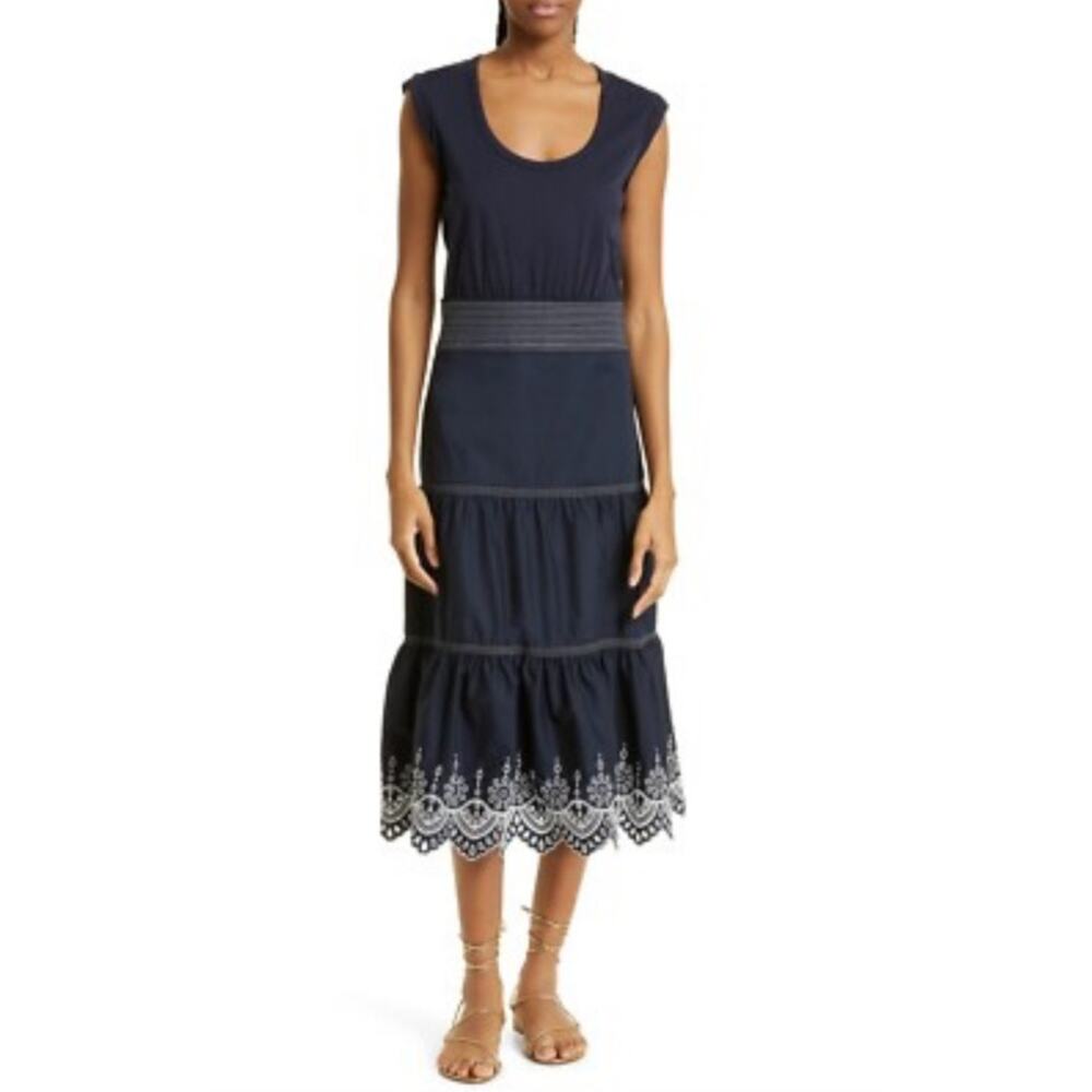 Veronica Beard Amaia Eyelet Midi Dress XS Navy Embroidered Tiered Cotton